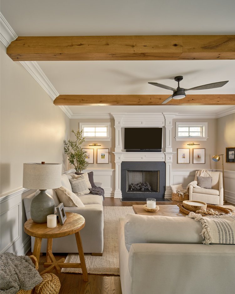 Faux beams in a finished living room